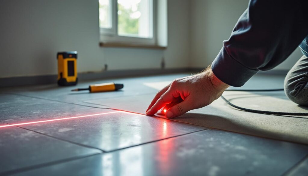 Préciser la pose de carrelage au sol avec un mètre laser